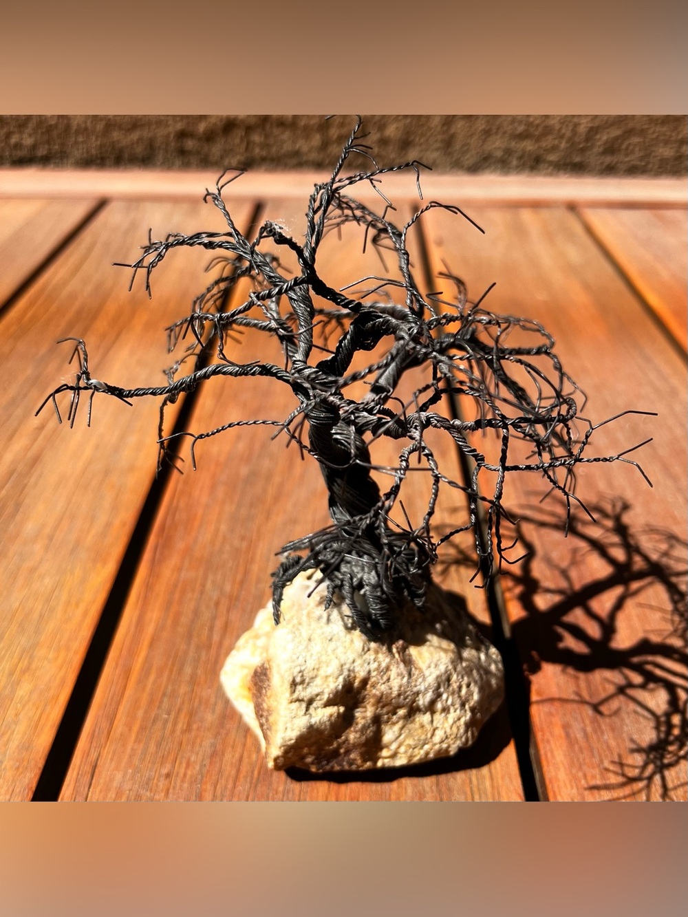 Handcrafted Twisted Wire Bonsai Tree Sculpture Natural Stone Rock Base 7" Tall